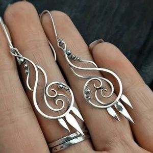 Earring pierced Silver Boho Fringed Swirl Drop Dangle